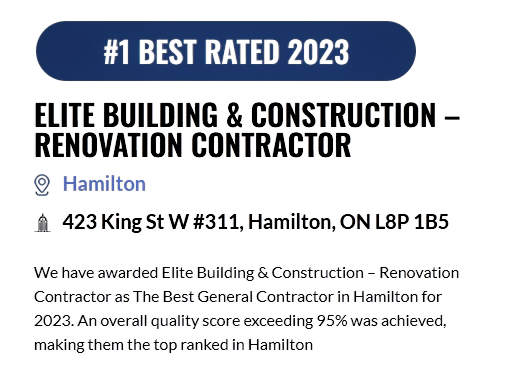 Elite Building and Construction Management has Won The #1 Rated General Contractor in Hamilton 2023!